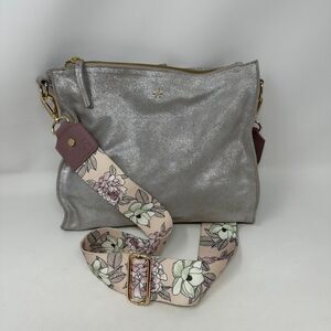 Erin Condren Suede Crossbody Bag Metallic Silver Shimmer Mauve Floral Strap